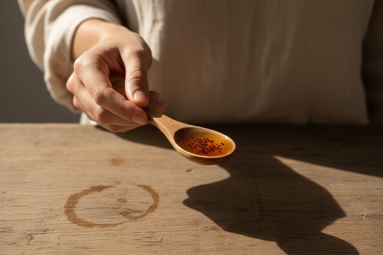 Person holding a spoon with black seed oil, beginner wellness guide