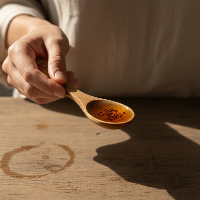 Person holding a spoon with black seed oil, beginner wellness guide