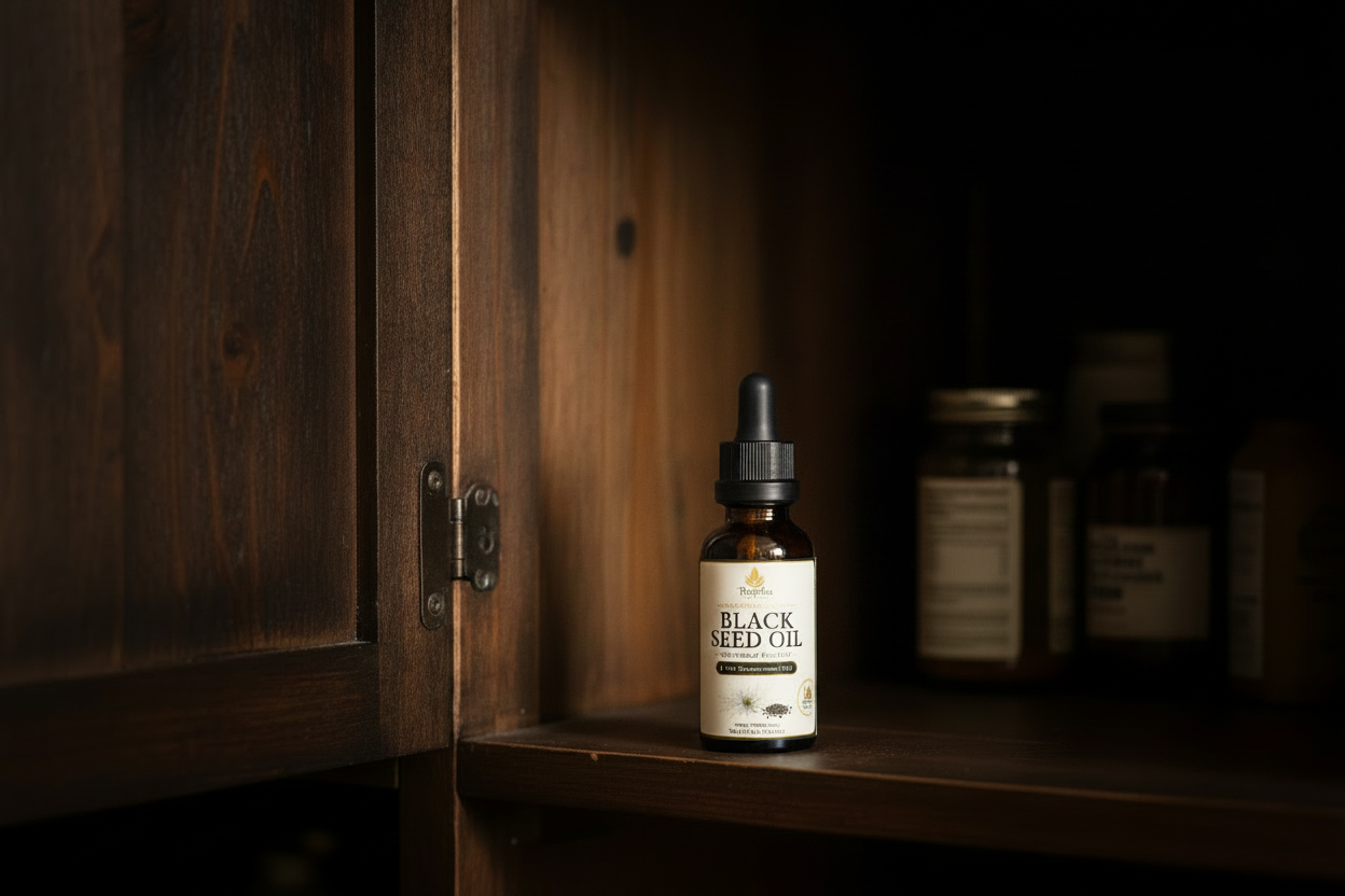 Tayyiba Wellness black seed oil bottle stored in a dark cabinet away from light