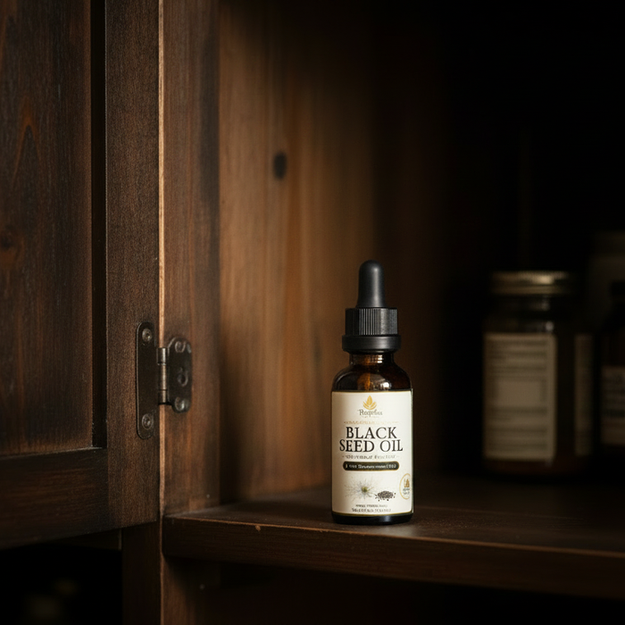 Tayyiba Wellness black seed oil bottle stored in a dark cabinet away from light