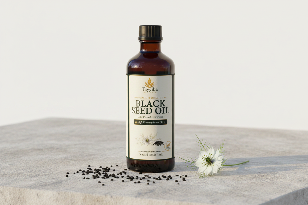 Tayyiba Wellness amber glass black seed oil bottle with nigella seeds