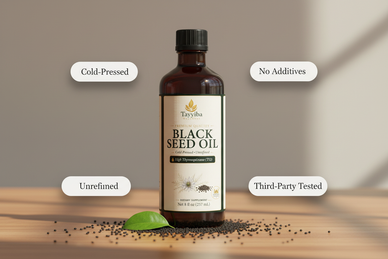 Black Seed Oil – Wooden Surface with Badges